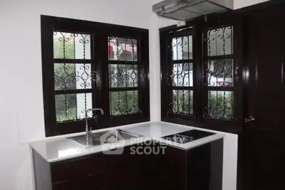 Modern kitchen with sleek dark cabinets and dual windows