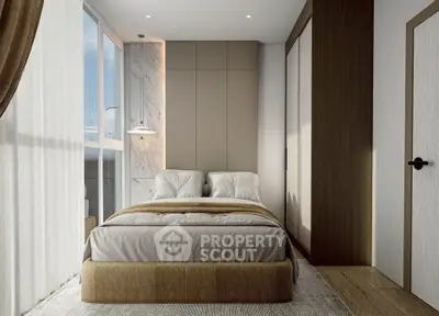 Modern bedroom with large windows and stylish decor