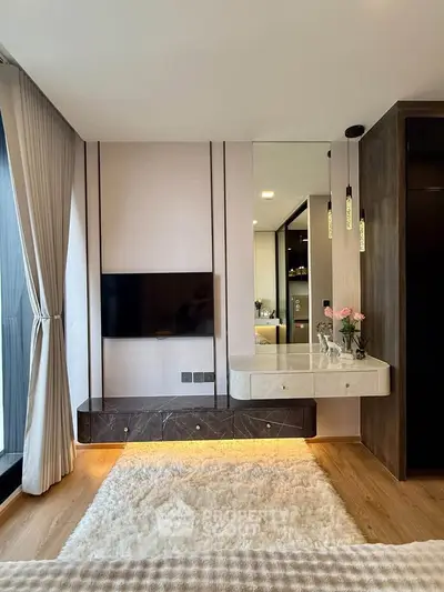 Luxurious modern living room with elegant decor and large window view