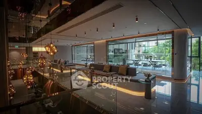 Luxurious modern living room with floor-to-ceiling windows and elegant lighting