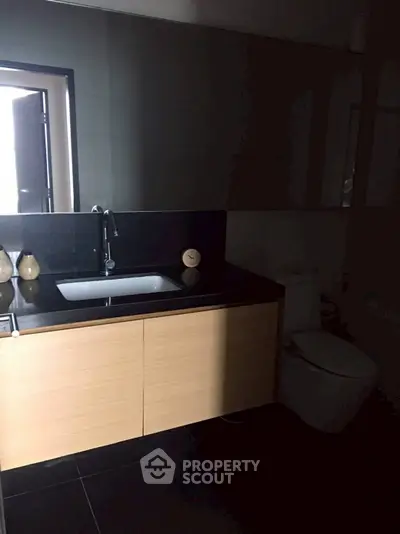 Modern bathroom with sleek black countertop and wooden cabinetry