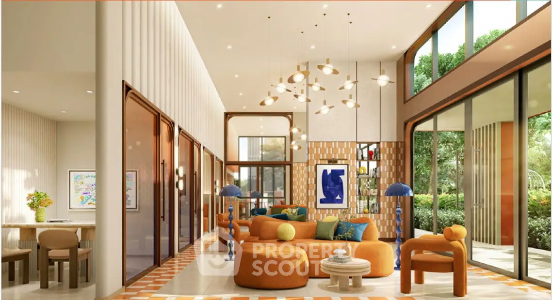 Luxurious modern living room with high ceilings and elegant decor