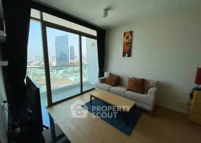 Modern living room with city view and stylish decor