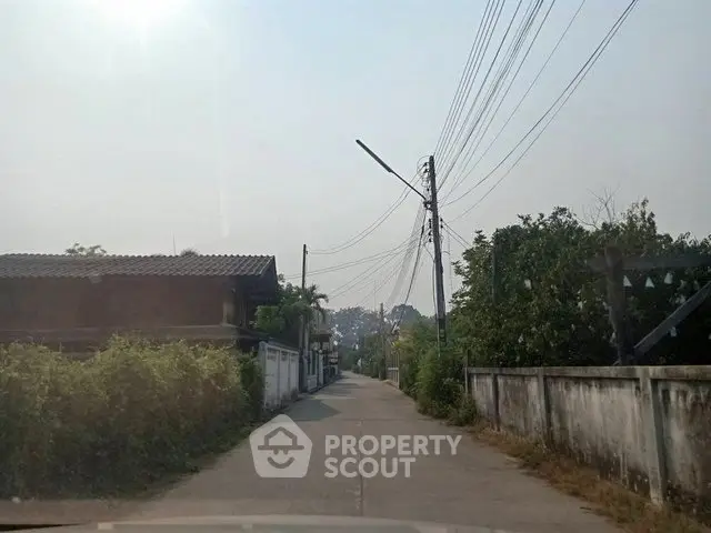 Charming rural street view with lush greenery and traditional houses, perfect for serene living.