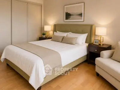 Elegant bedroom with cozy bed, stylish decor, and warm lighting