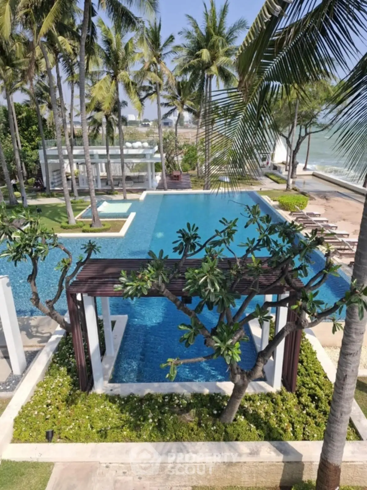 Luxurious beachfront pool with tropical landscaping and ocean view