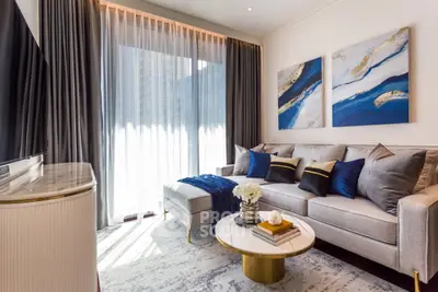 Luxurious living room with modern decor and large window view