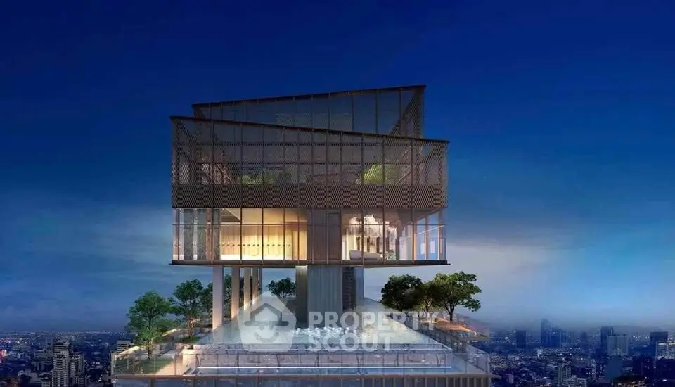Stunning modern architectural building with rooftop garden and panoramic city views.