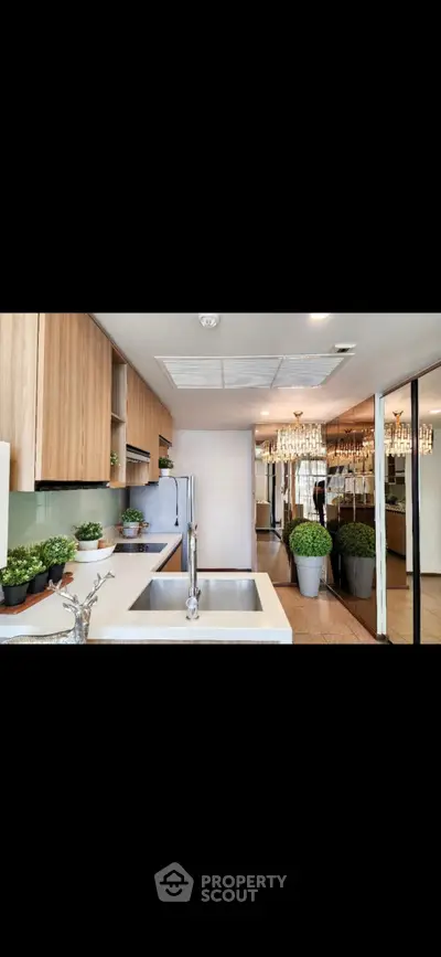 Modern kitchen with sleek wooden cabinets and elegant lighting, featuring a spacious countertop and indoor plants.