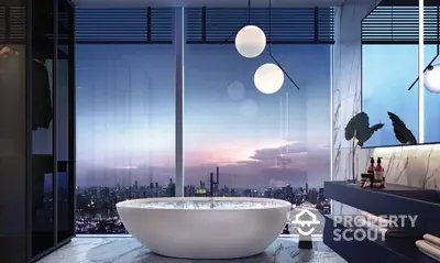 Luxurious bathroom with a freestanding bathtub offering a panoramic city view through floor-to-ceiling windows, complemented by elegant lighting.