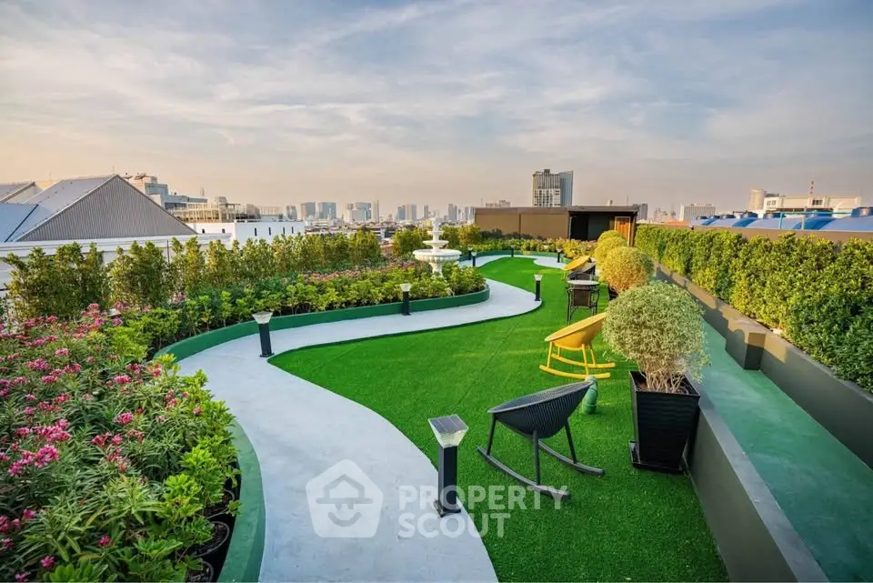 Stunning rooftop garden with city skyline views and lush greenery