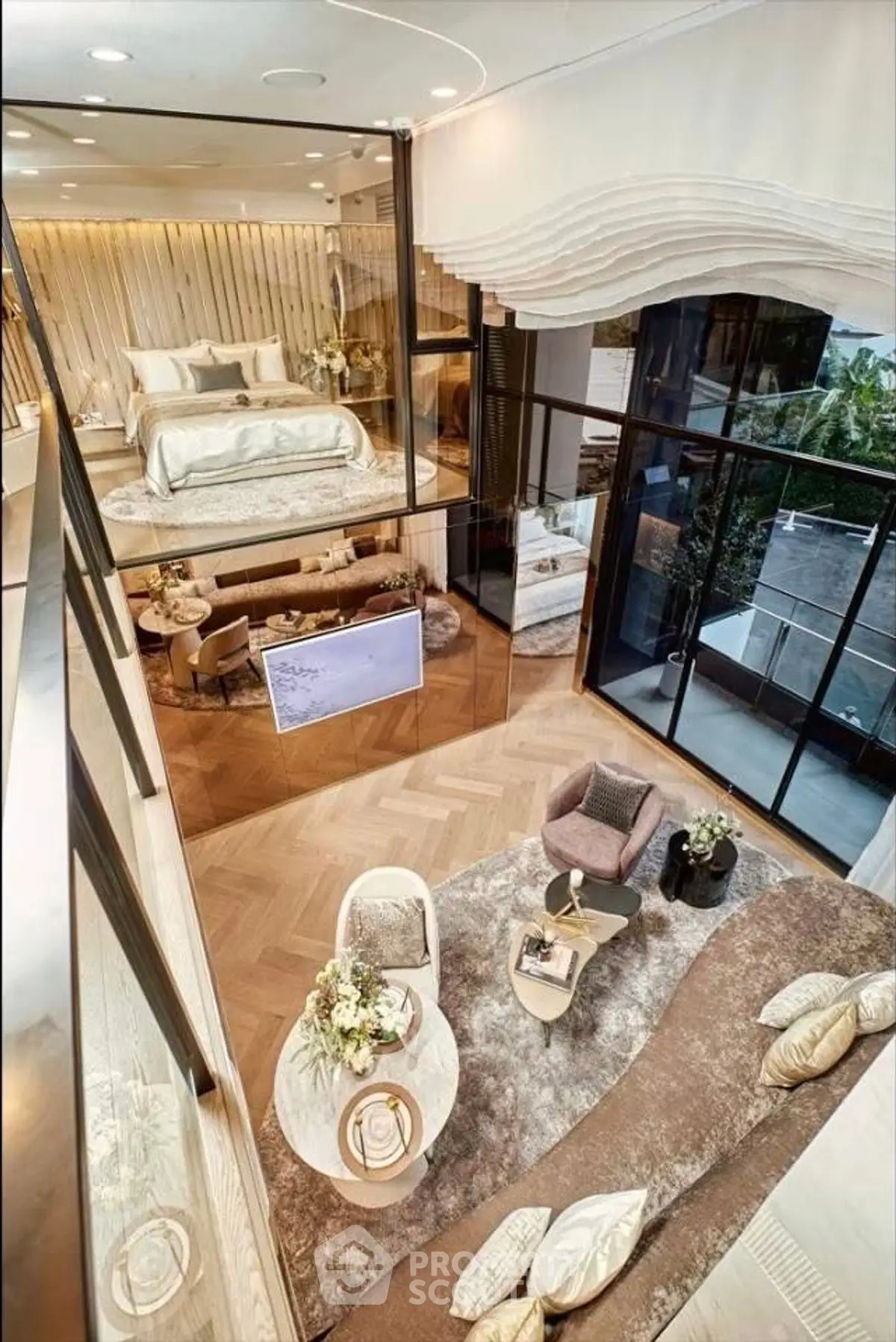 Luxurious modern loft with open living area and stylish bedroom, featuring elegant decor and large windows.