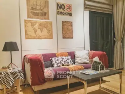 Cozy living room with eclectic decor and comfortable seating