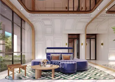 Luxurious modern living room with elegant blue sofa and stylish decor