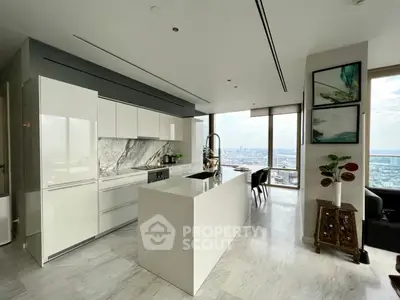 Luxurious modern kitchen with panoramic city view and sleek design