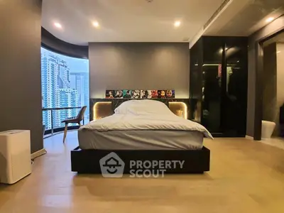 Luxurious modern bedroom with city view and stylish decor