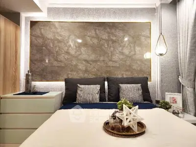 Luxurious bedroom with stylish decor and ambient lighting