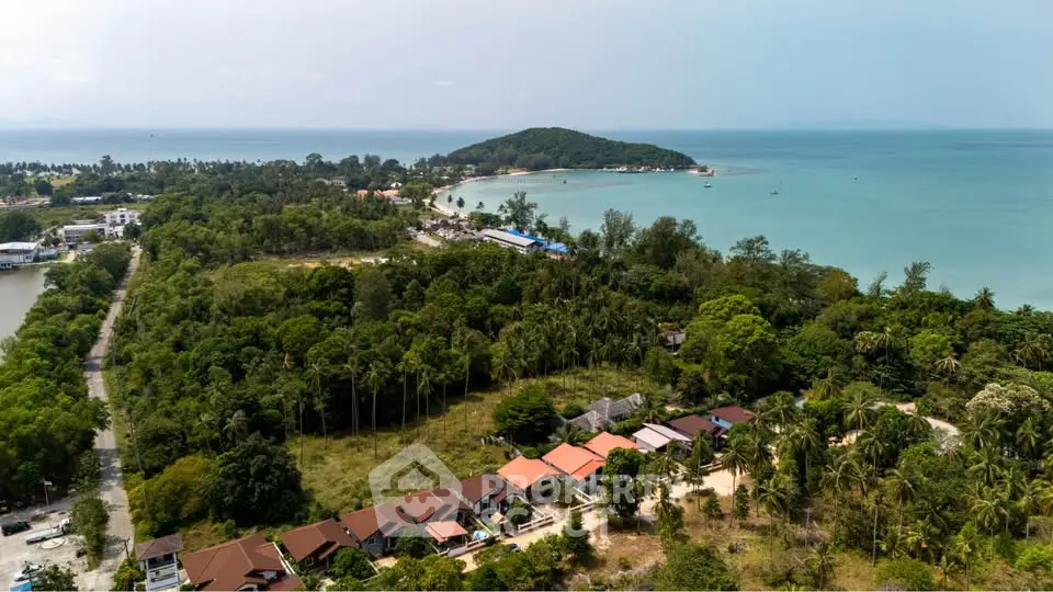 Scenic aerial view of beachfront properties surrounded by lush greenery and ocean vistas.