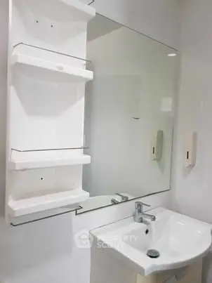 Modern bathroom with sleek sink and mirror, featuring white shelving for storage.