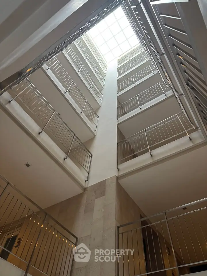 Stunning multi-story building interior with skylight and modern railings