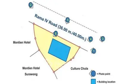 Schematic map showing building location near Rama IV Road and Montien Hotel.