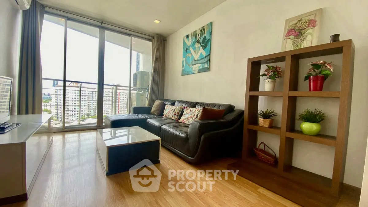 Stylish living room with city view and modern decor
