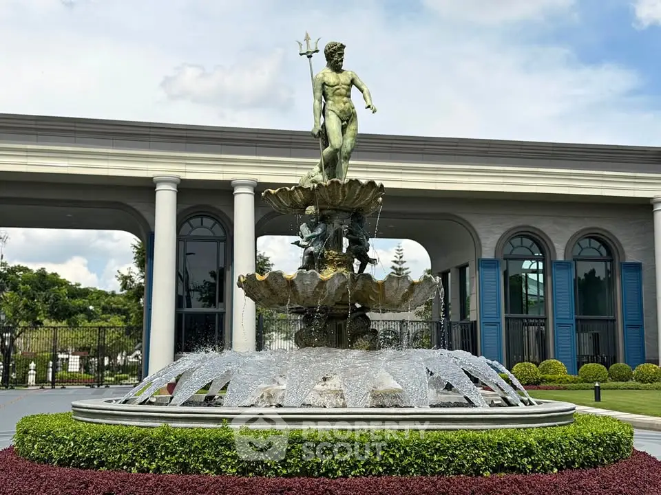 Stunning garden with elegant fountain in luxury property setting