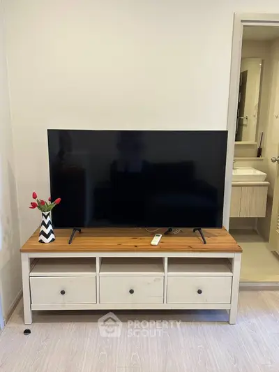 Modern living room with sleek TV stand and stylish decor