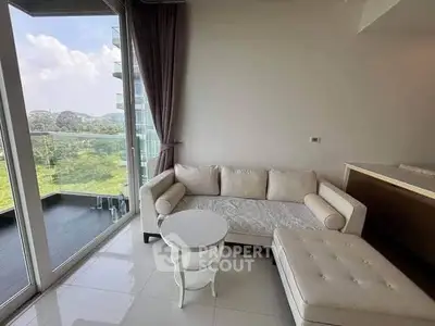 Modern living room with large windows and scenic view, featuring elegant white furniture and sleek design.