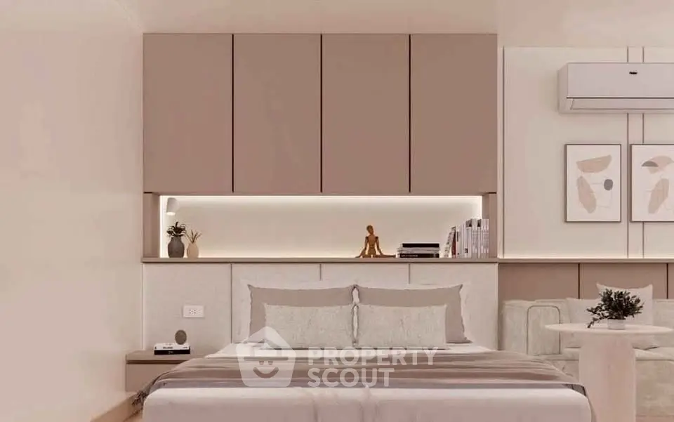 Modern bedroom with stylish decor and ambient lighting, featuring a cozy bed and elegant wall art.