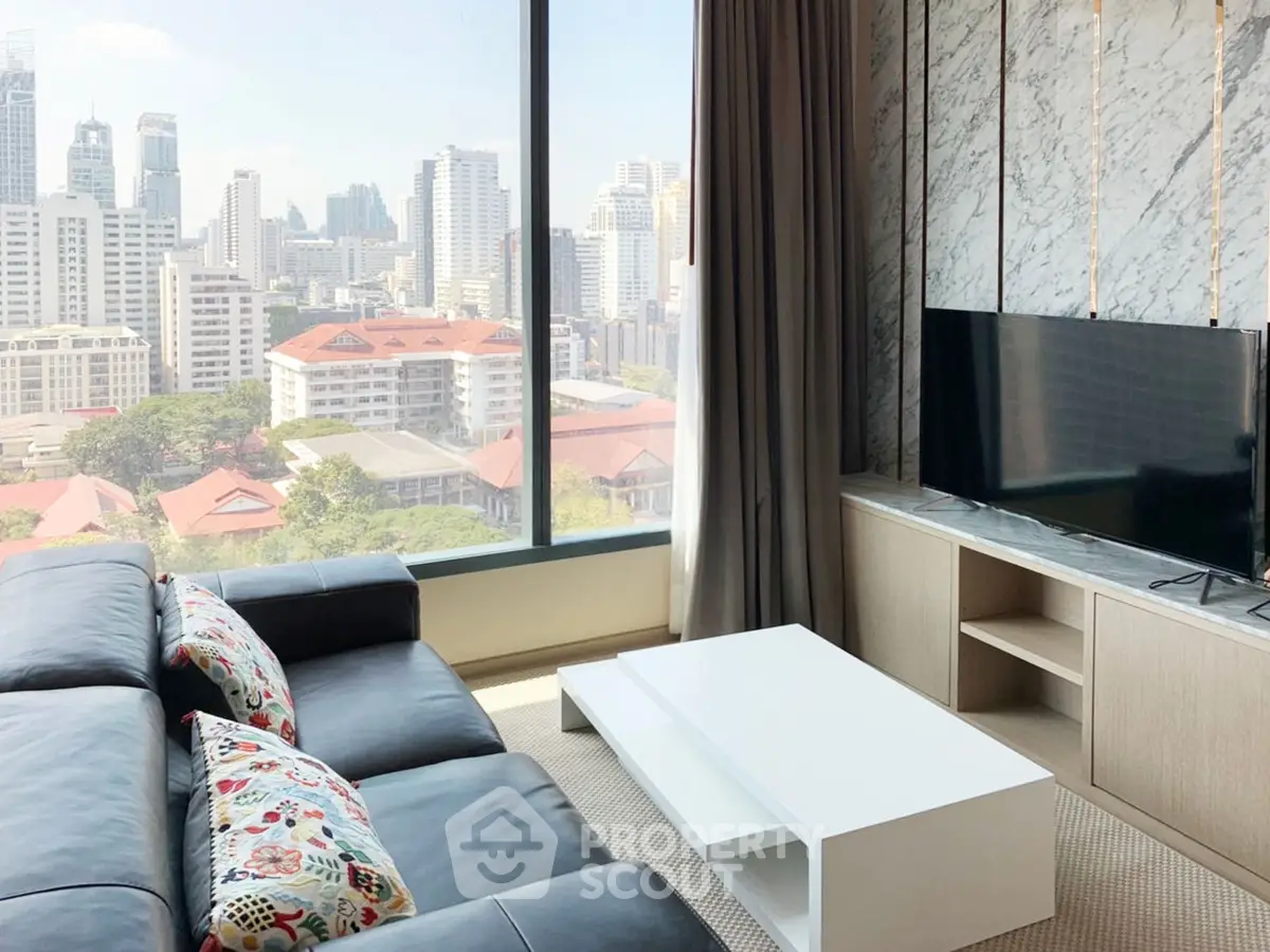 Luxurious living room with stunning city view and modern decor