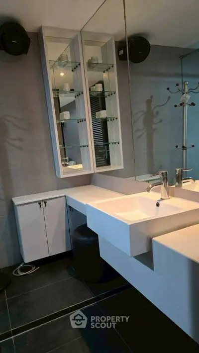 Modern bathroom with sleek vanity and large mirror