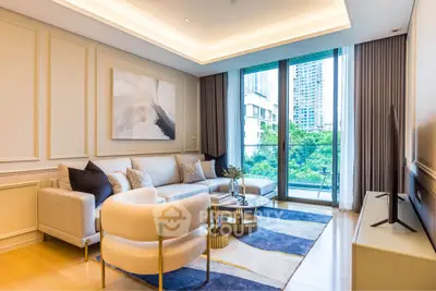 Luxurious modern living room with elegant decor and stunning city view from large windows.