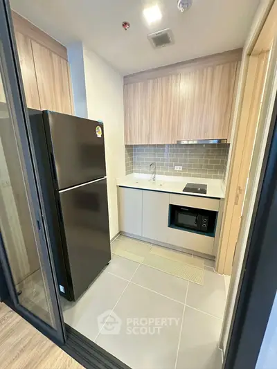 Modern compact kitchen with sleek appliances and stylish cabinetry