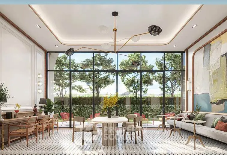 Luxurious living room with floor-to-ceiling windows and elegant decor