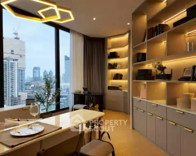 Modern living room with city view, elegant shelving, and stylish lighting.