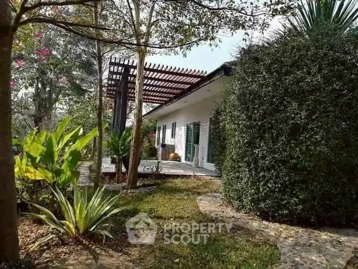 Charming garden view of a modern home with lush greenery and a pergola.