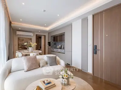 Luxurious modern living room with elegant decor and open dining area, perfect for stylish urban living.