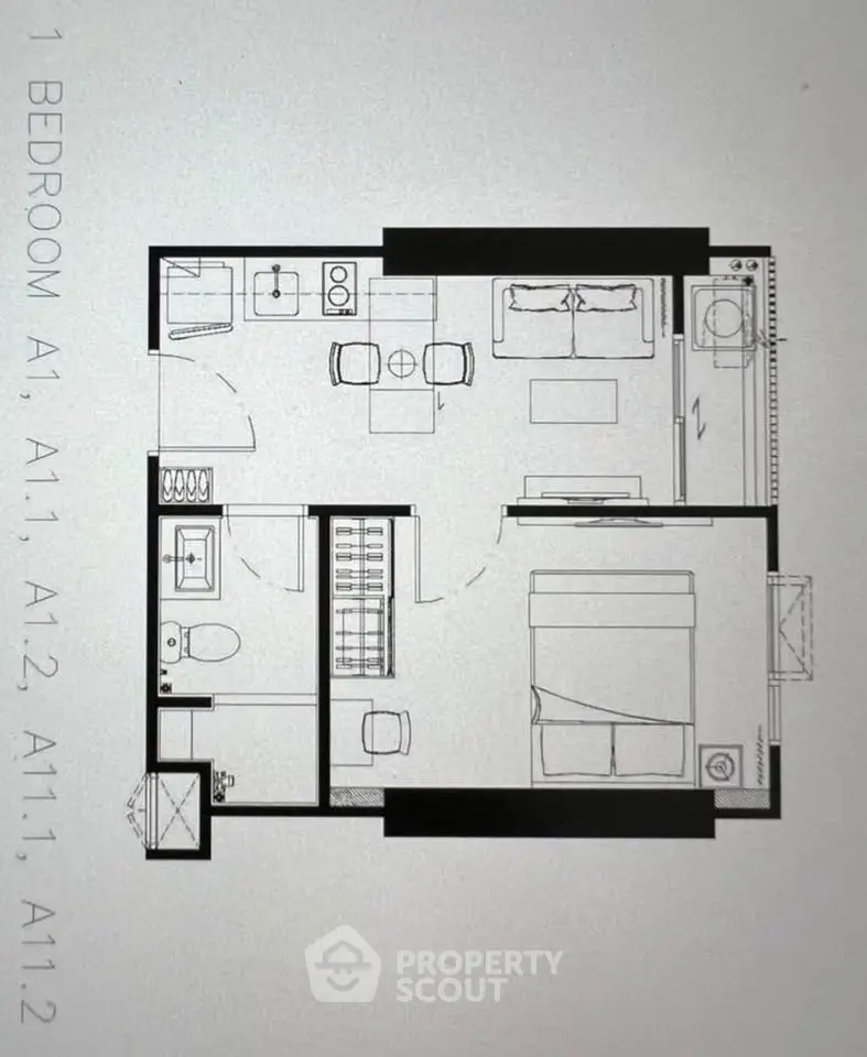 Modern 1-bedroom apartment floor plan with open layout and efficient design.