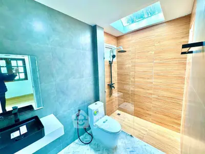 Modern bathroom with skylight and sleek shower design