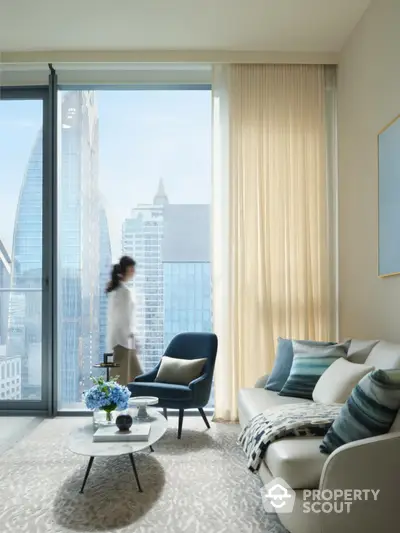 Modern living room with city view, elegant decor, and cozy seating area.