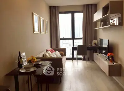 Modern living room with stylish decor and city view, featuring a cozy sofa and wall-mounted TV.