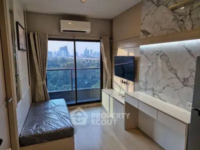 Modern living room with city view and sleek marble accents