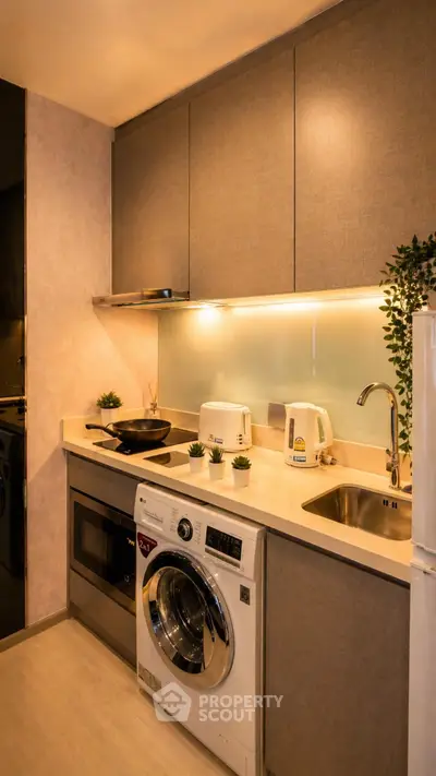 Modern kitchen with sleek appliances and stylish cabinetry