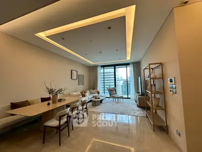 Luxurious modern living room with elegant decor and city view