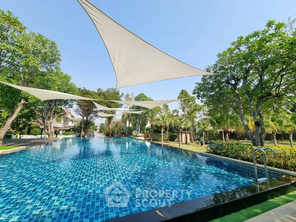 Luxurious outdoor swimming pool with modern shade sails and lush greenery