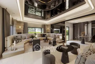 Luxurious modern living room with elegant decor and spacious seating area.