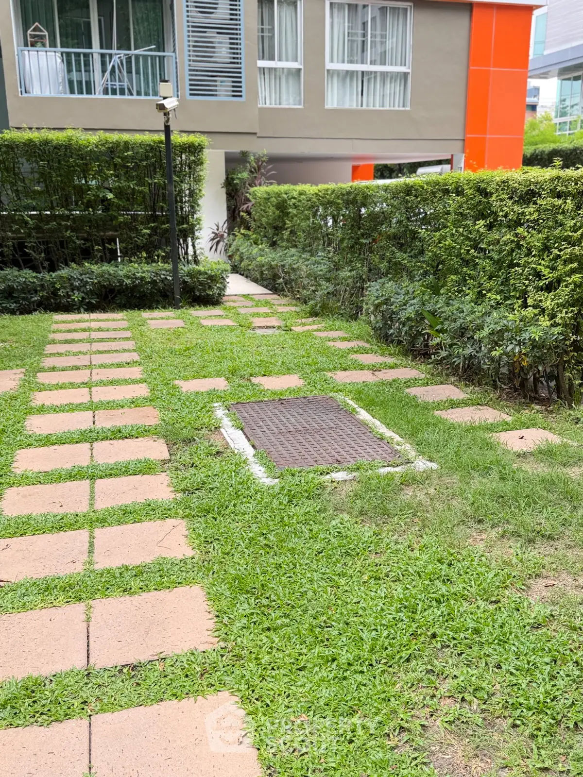 Charming garden pathway leading to modern apartment building with lush greenery and stylish facade.