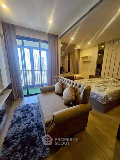 Luxurious bedroom with elegant decor and city view balcony in modern apartment