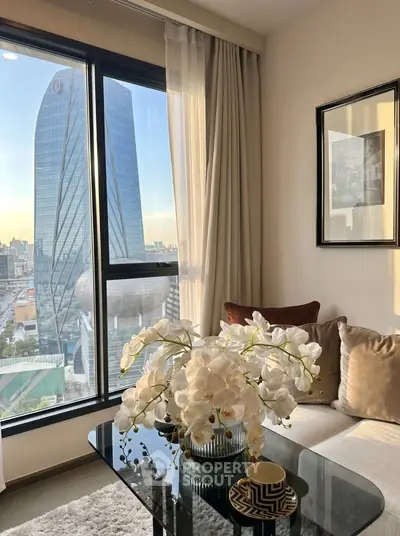 Luxurious living room with stunning city view and elegant decor